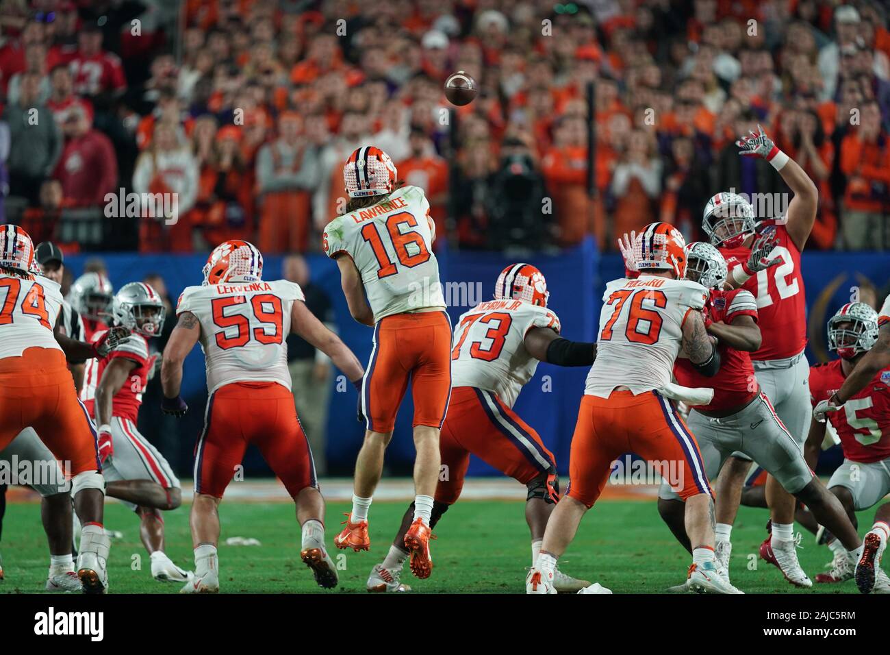 Glendale, AZ, USA. 28th Dec, 2019. Clemson Tigers quarterback (16) Trevor Lawrence in action versus the Ohio State Buckeyes at the PlayStation Fiesta Bowl, at State Farm stadium, in Glendale, AZ., On December 28, 2019. (Absolute Complete Photographer & Company Credit: Jose Marin/MarinMedia.org/Cal Sport Media) (HOLLYWOOD LIFE OUT, SHUTTERSTOCK OUT, LAS VEGAS RAIDERS OUT). Credit: csm/Alamy Live News Stock Photo