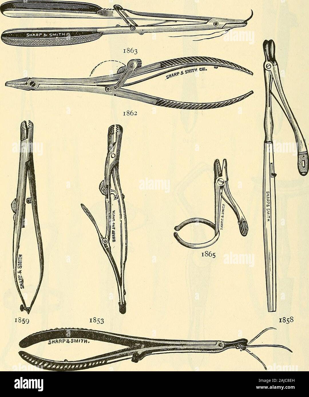 Catalogue of Sharp & Smith : importers, manufacturers, wholesale and retail dealers in surgical instruments, deformity apparatus, artificial limbs, artificial eyes, elastic stockings, trusses, crutches, supporters, galvanic and faradic batteries, etc., surgeons' appliances of every description . 1856—A 382 SHARP &. SMITH. CHICAGO. *iS57 *i858 *i859 i860 1861 *i862 *i863 *i864 *i865 1866 EYE INSTRUMENTS. Needle Holding Forceps, Sands $ 3 00 Knapps, very delicate 4 00 Prouts .... 2 60 Whitneys 3 25 Collins 325 Reniers 3 00 Russian 3 00 Paris 350 Galezowskys 2 25 Hagedorns 6 00 For other Needle H Stock Photo