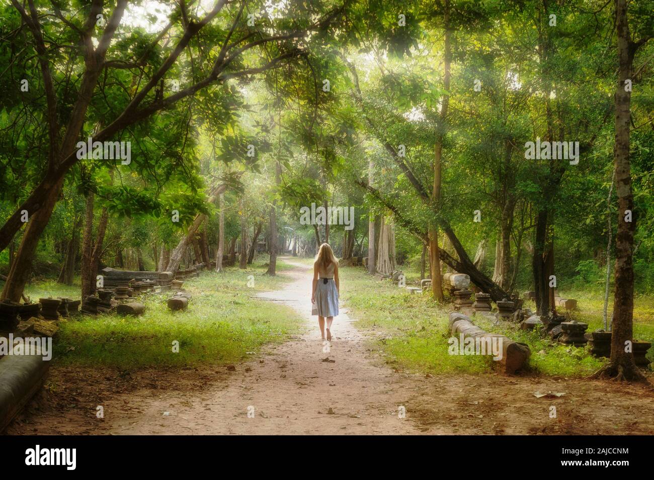 Young woman walking on mysterious path into an enchanted forest. Stock Photo