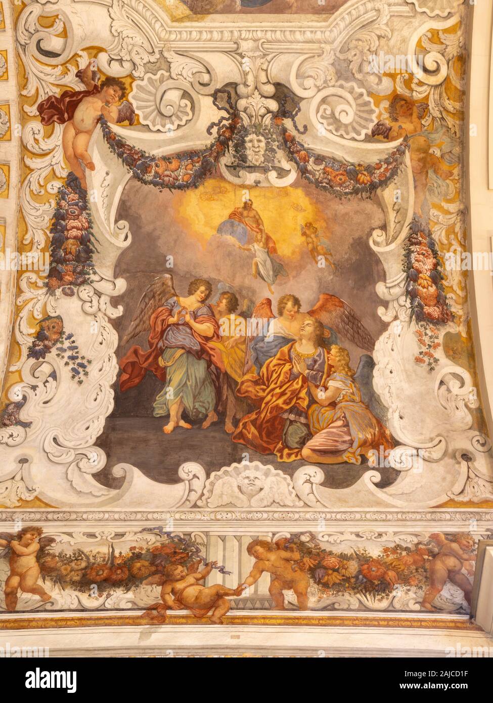 CATANIA, ITALY - APRIL 8, 2018: The detail glory of Santa Agata fresco from presbytery in church Chiesa di Sant'Agata al Borgo by Giovanni Lo Coco. Stock Photo