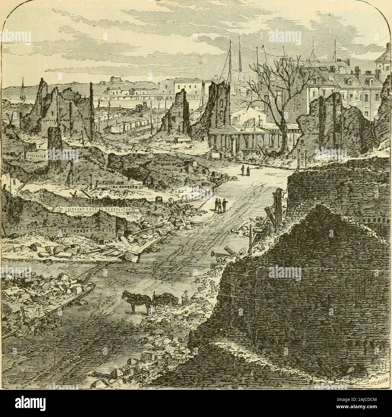 Boston illustrated; . BOSTON ILLUSTRATED. 71 The great fire of November 9th and 10th, 1872, occurred within this dis-trict. The accompanying sketch gives the most picturesque, while necessarilyan inadecjuate idea of the scene of desolation that prevailed over sixty-fiveacres of territory when the fire had at last been conquered. The fire broke out. The Spot wheie the Fire bei^an. at the corner of Summer and Kingston streets, and it did not cease to spreaduntil it had burned twenty hours. It destroyed 77G buildings, of which 709were of brick or stone and 67 of wood. The valuation of these build Stock Photo