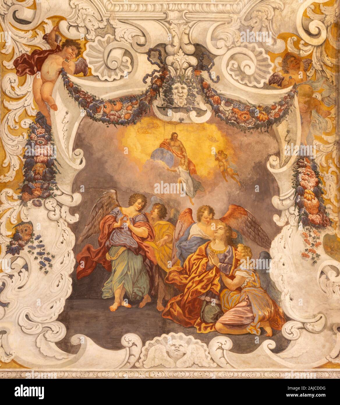 CATANIA, ITALY - APRIL 8, 2018: The detail glory of Santa Agata fresco from presbytery in church Chiesa di Sant'Agata al Borgo by Giovanni Lo Coco fro Stock Photo