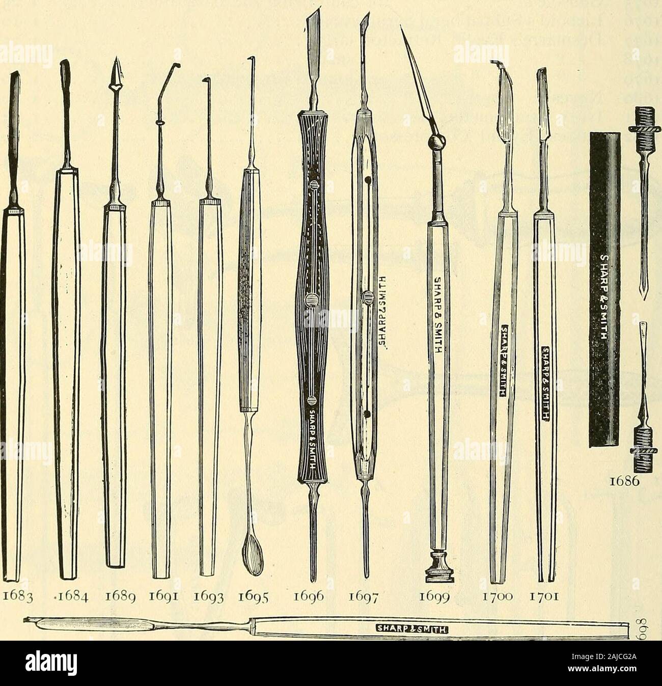 Catalogue of Sharp & Smith : importers, manufacturers, wholesale and retail dealers in surgical instruments, deformity apparatus, artificial limbs, artificial eyes, elastic stockings, trusses, crutches, supporters, galvanic and faradic batteries, etc., surgeons' appliances of every description . 1670 1679 1678 1677 370 SHARP & SMITH, CHICAGO. *i683*i6S4 16S5*i686 1687 1688*i6S9 1690*i69i 1692*i693 1694*i695*i696*i697*i698*i6g9*i700*i70i *I702 EYE INSTRUMENTS. D i X s Spud, half round S| i 00 flat 1 CIO and Curette i 85 and Exploring Needle 2 00 Waltons Foreign Body Gouge 1 10 Desmarres Trocar, Stock Photo