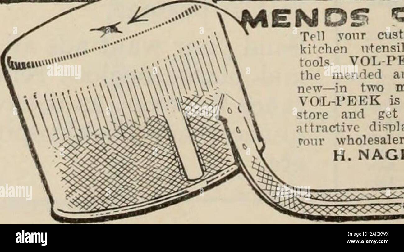 Canadian grocer April-June 1918 . NDf OQTS f* d&i   Tell your customers how easily they can repair leak?kitchen utensils with VCVL-PKEK. They require notools. VOL-PETCK can be applied with the finffers andthe mended article will be ready for use as good a-snew—in two minutes or less. VOL-PEEK is wanted in every home. Show it in yourstore and get a share of the demand. Put up inattractive display stands. Order from us direct or asknmr wholesaler. H. NAGLE & CO.. Box 2024. Montreal CANADIAN GROCER KOMdiS Stock Photo