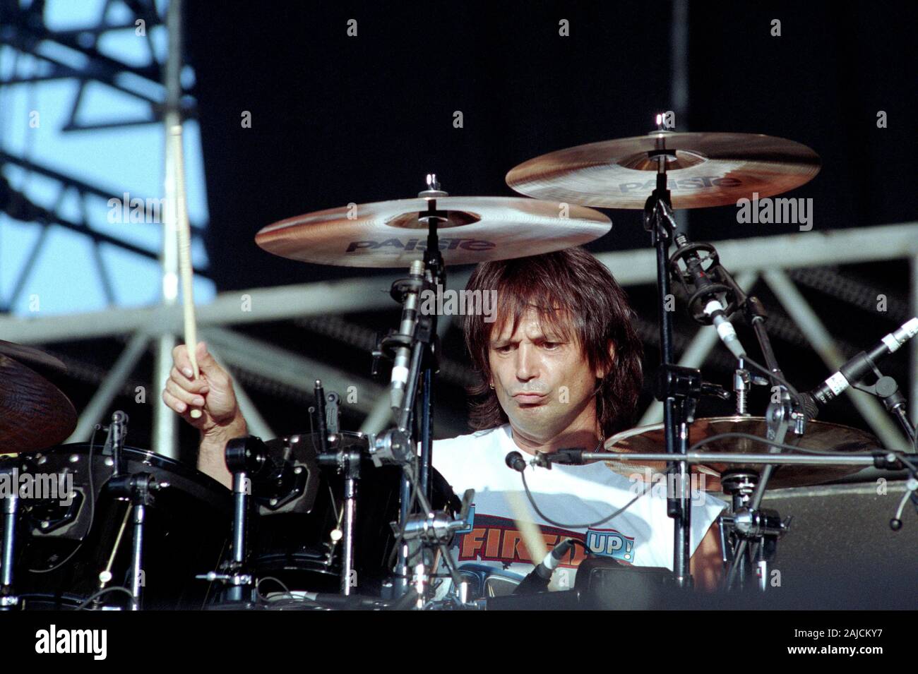 Milan Italy, from 07-08 July 1994, Music Festival  live concerts 'Sonoria 1994' at the Aquatica Park of Milan: The drummer of the Whitesnake Denny Carmassi during the concert Stock Photo