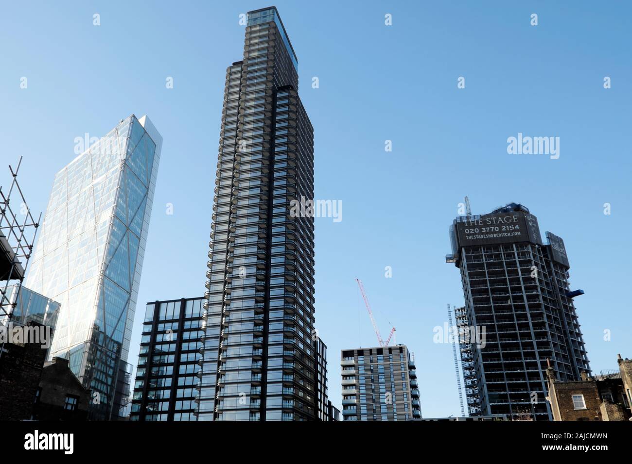 View of new buildings Principal Place and The Stage high rise residential property development from Commercial Street in East London E1  KATHY DEWITT Stock Photo
