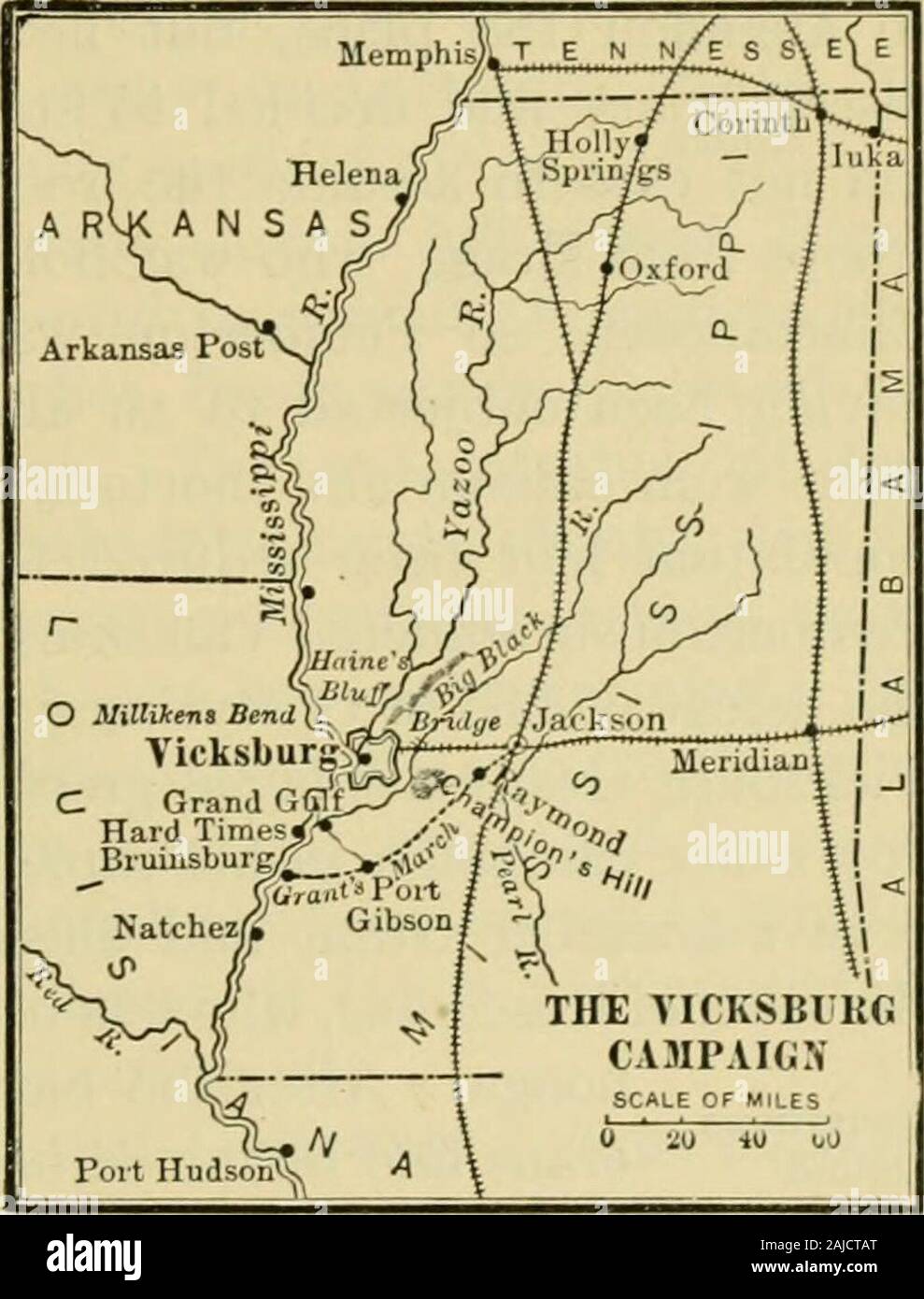 A history of the United States . sidering for sometime. It was for Portersfleet to run past the bat-teries with the supplies,while Grant was to leadhis troops by land to NewCarthage and then takethem across the river toGrand Gulf, about thirtymiles south of Vicksl^urg.Having successfully exe-cuted this movement bythe end of April, withsome damage to the fleet.Grant decided to aban-don his base at GrandGulf, to get in the rearof Vicksburg and cut itoff from Jackson, and toestablish a new base north of the city at Yazoo. On thefirst of May he defeated a part of Pembertons army at PortGibson and Stock Photo