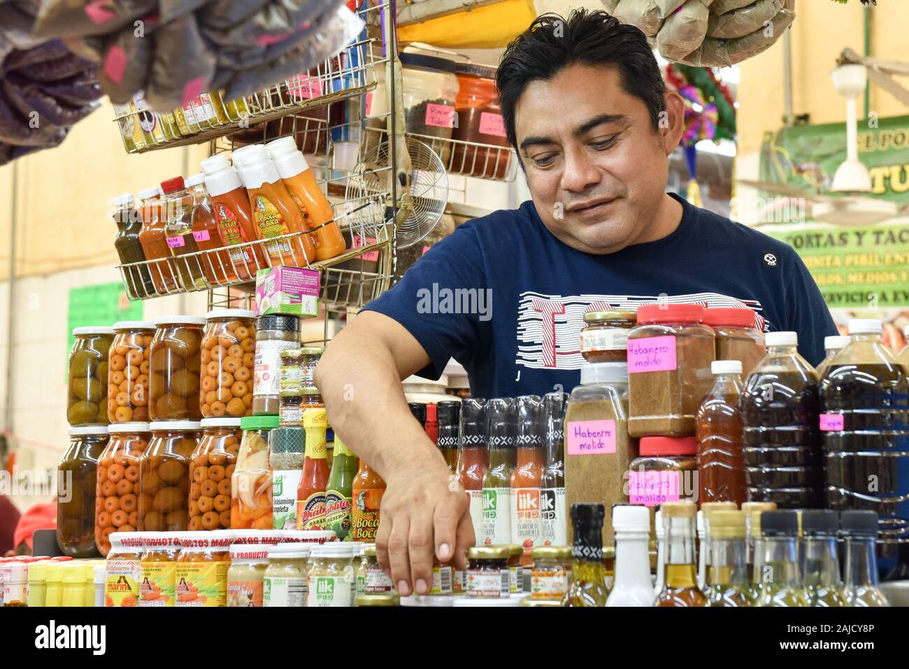 Food stand, Lucas Galvez Municipal Market, Merida, Mexico Stock Photo