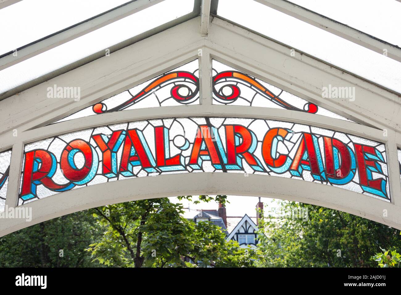 Royal Arcade stained-glass entrance sign, Lord Street, Southport, Merseyside, England, United Kingdom Stock Photo