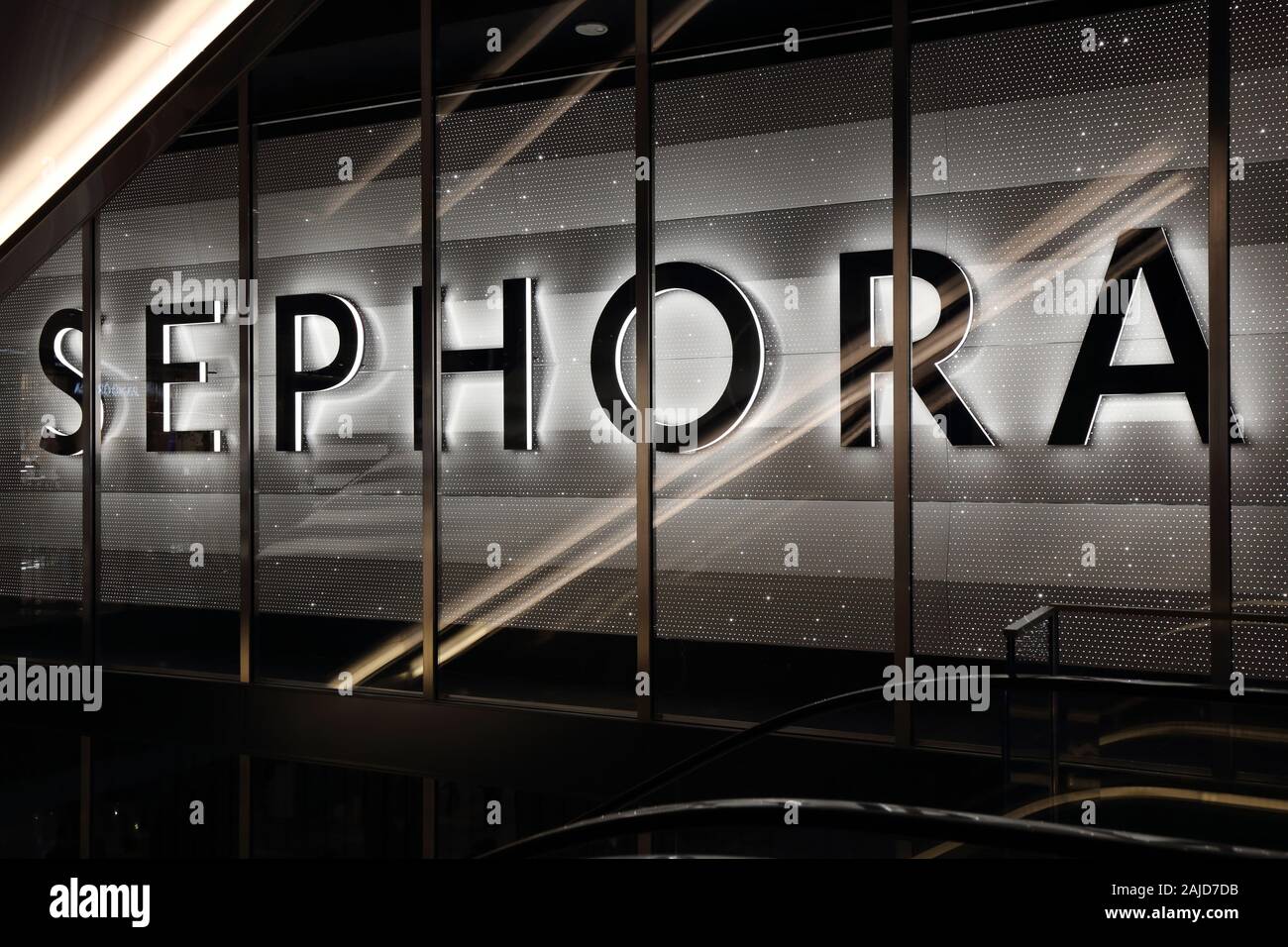A giant Sephora logo at their shop inside the Hudson Yards mall in Manhattan, New York, NY Stock Photo