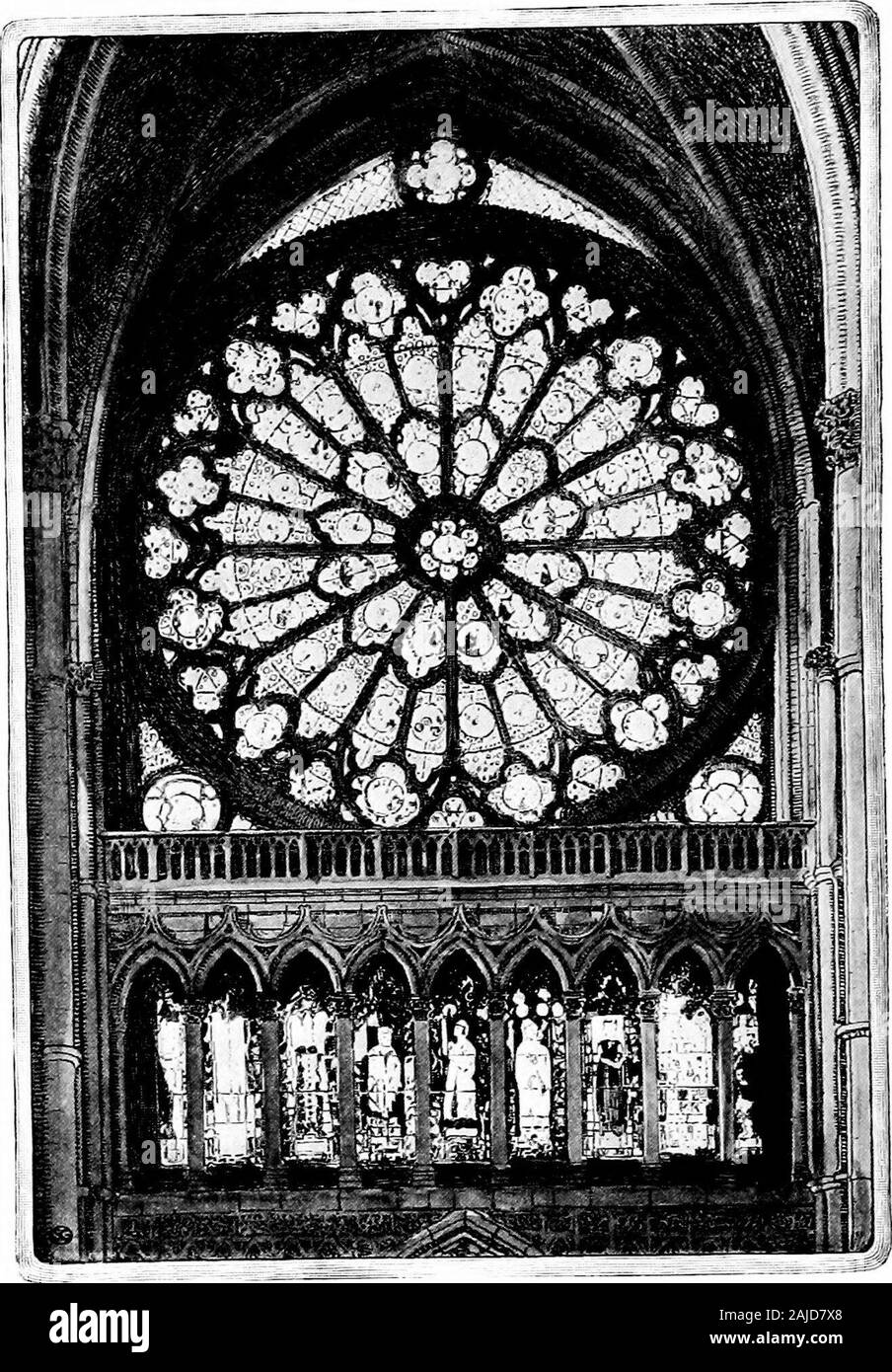 Medieval and modern times : an introduction to the history of western Europe form the dissolution of the Roman empire to the present time . Facade of the Cathedral at Rheims (ThirteenthCentury). Rose Window of Rheims Cathedral, nearly FortyFEET IN Diameter, from the Inside Stock Photo