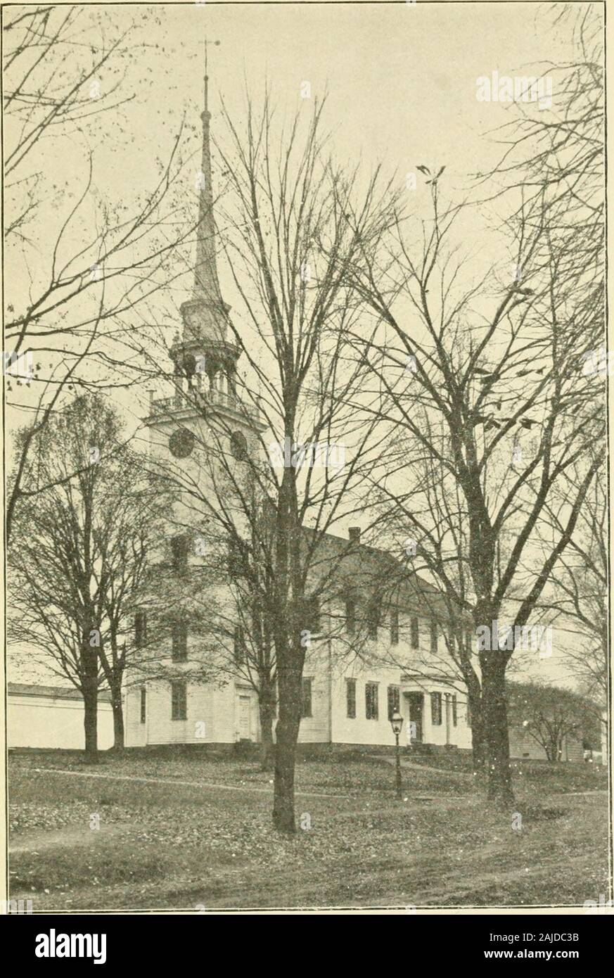 Some old time meeting houses of the Connecticut Valley . an address delivered atthe two hundredth anniversary of the church des-cribed Dr. Spring as the gentleman, the peace lover,the kind neighbor, the thoughtful friend, prompt,self-forgetful, self-depreciating, honored and loved byall who knew him. The church has had in itsmembership many men of great influence in town andstate affairs. In 1763 a board of elders was insti-tuted, corresponding to the present prudential com-mittee, which consisted of Honorable William Pitkin,governor of the colony, Jonathan Hills, John Pitkin,William Cowles, W Stock Photo