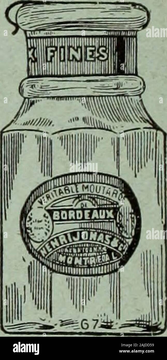 Le quincaillier (Juillet-Decembre 1905) . Au moment ou le public se plaint des compositions ^tanges quon lui impose sous le nom de ProduitsAlimentaires, 11 est bon que les marchands lui rappellent quil existe de BONS PRODUITS et que lesdifif^rentes marques de , MOUTARDE FRANCAISE de jr^3ZV^LJS sont ce quil y a de meilleur sur le march^. NOS PAMEUSBS ESSENCES CUI.INAIRES Abrieot, Allspice, Amandes, Ananas, Banane, BieredEpinette, Bouleau, Cafe, Cannelle, Cayenne, Celepi,Cepise, Chocolat, Clarets, Cochenille, Coing&gt;, Copiandre,Couleups de Fpuits, Dont Cape, Fpaise, Fpamboise,Ging-embpe, Gpose Stock Photo