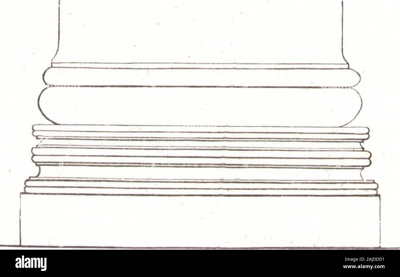 Der Stil in den technischen und tektonischen Künsten, oder, Praktische Aesthetik : ein Handbuch für Techniker, Künstler und Kunstfreunde . , vom Artemisium, so-wie von den beiden Zeustempeln zu Selinus und Agrigent, weit überboten. Nach altem Kanon wäre die Norm: 20,444 (19 -f- 4,5) = 2:i,.&gt;. 5 Nur der Architrav ist vorhanden = 1,3 Model. Scinper, Stil II. 58 458 Zehntes Hauptstück. Sonderheiten: Basis attisch mit Plinthus. Die eigenthüm-liche Profilirung der Toren oder Wülste deutet auf alexandriniseheZeit. Säulen Verjüngung weniger als V6« Kapital reich verziert,mit eigentümlich gebild Stock Photo