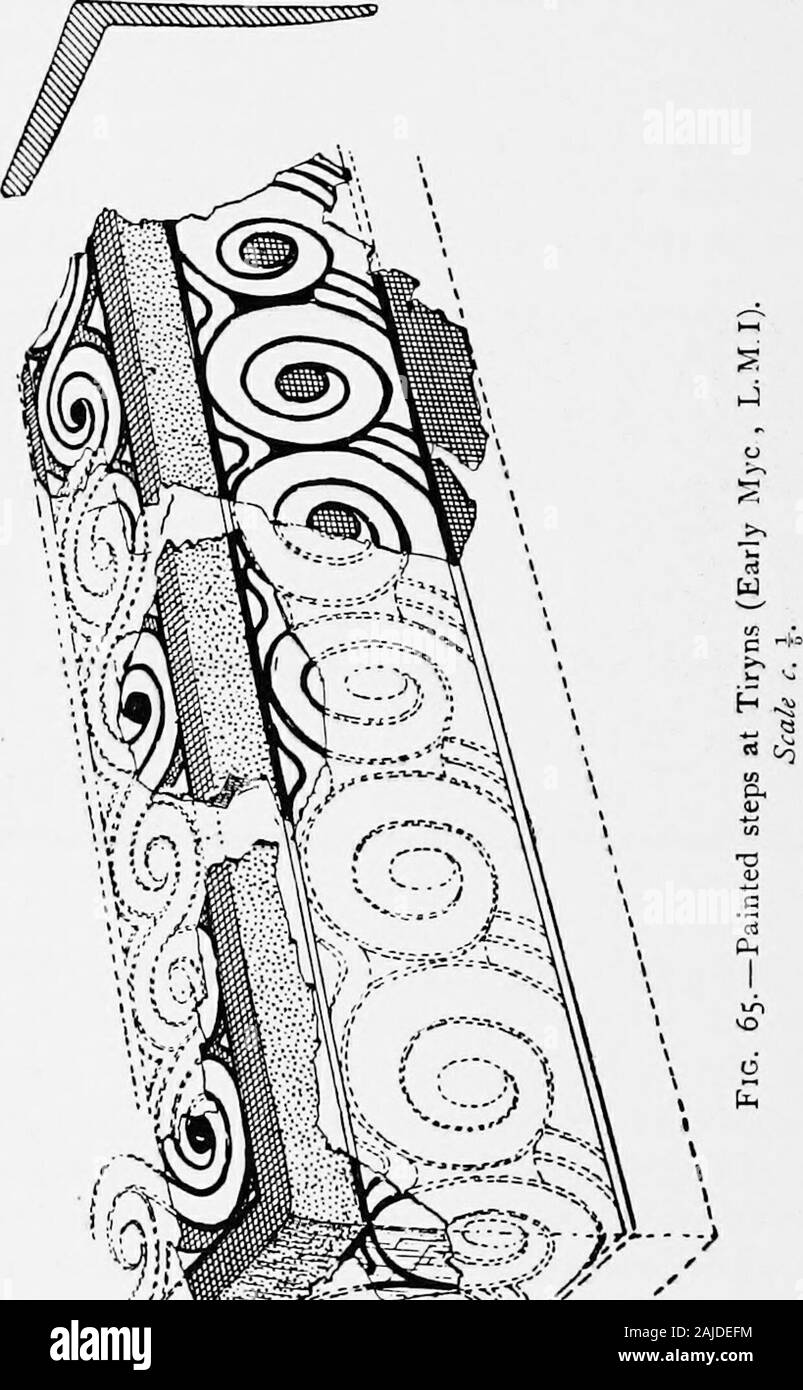 Ægean archæeology; an introduction to the archæeology of prehistoric Greece . Fig. 64.—Painted stucco floor at Tiryns (Late Myc, L.M.I 11). Scale c. -^j^. and the figures are painted on a sheet of blue or ofyellow ochre, which often changes arbitrarily.^ The first wall-decoration must have consisted ofsimple lines of colour on the surface of the plaster, leftwhite or painted red.^ This plain scheme was alwayspreserved in the best period for the stucco pavements,which at Knossos have simply a plain red line about afoot from the walls. On the walls, however, dadoesand friezes of conventional flo Stock Photo