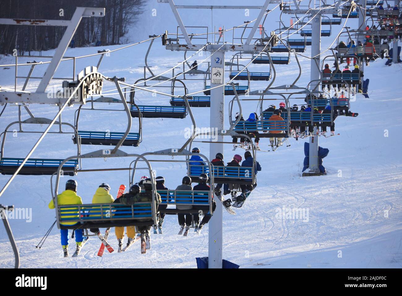 Skiers on the ski life of Mont Giroux. Mont Orford Ski Resort.Mont Orford National Park.Orford.Quebec.Canada Stock Photo