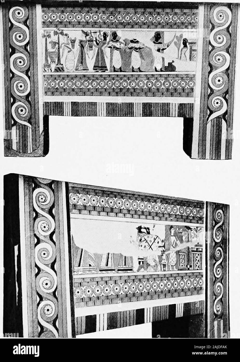 Ægean archæeology; an introduction to the archæeology of prehistoric Greece . a dish of fruit andan ewer of liquid on an altar behind which are a pillarwith axe and bird, and a higher altar on which are three horns of consecration with an olive-tree beyond.Behind her are two calves and an ox bound for sacrifice,laid on a table, over which a man, in voluminous robesand with his hair hanging down his back, is playingvigorously on a double flute. Behind him are threewomen the upper part of whose bodies are lost. Thisscene is quite Minoan, though the bound ox looks veryEgyptian. The adaptation of Stock Photo