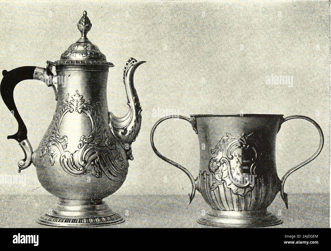 Pennsylvania Museum Bulletin Number 71, May 1922 . Patch-boxes of the Bolsover Period. Coffee Pot with Unidentified Marks, probably by M. Fextox & Co.Two-handled Cup, Lxidextified Stock Photo