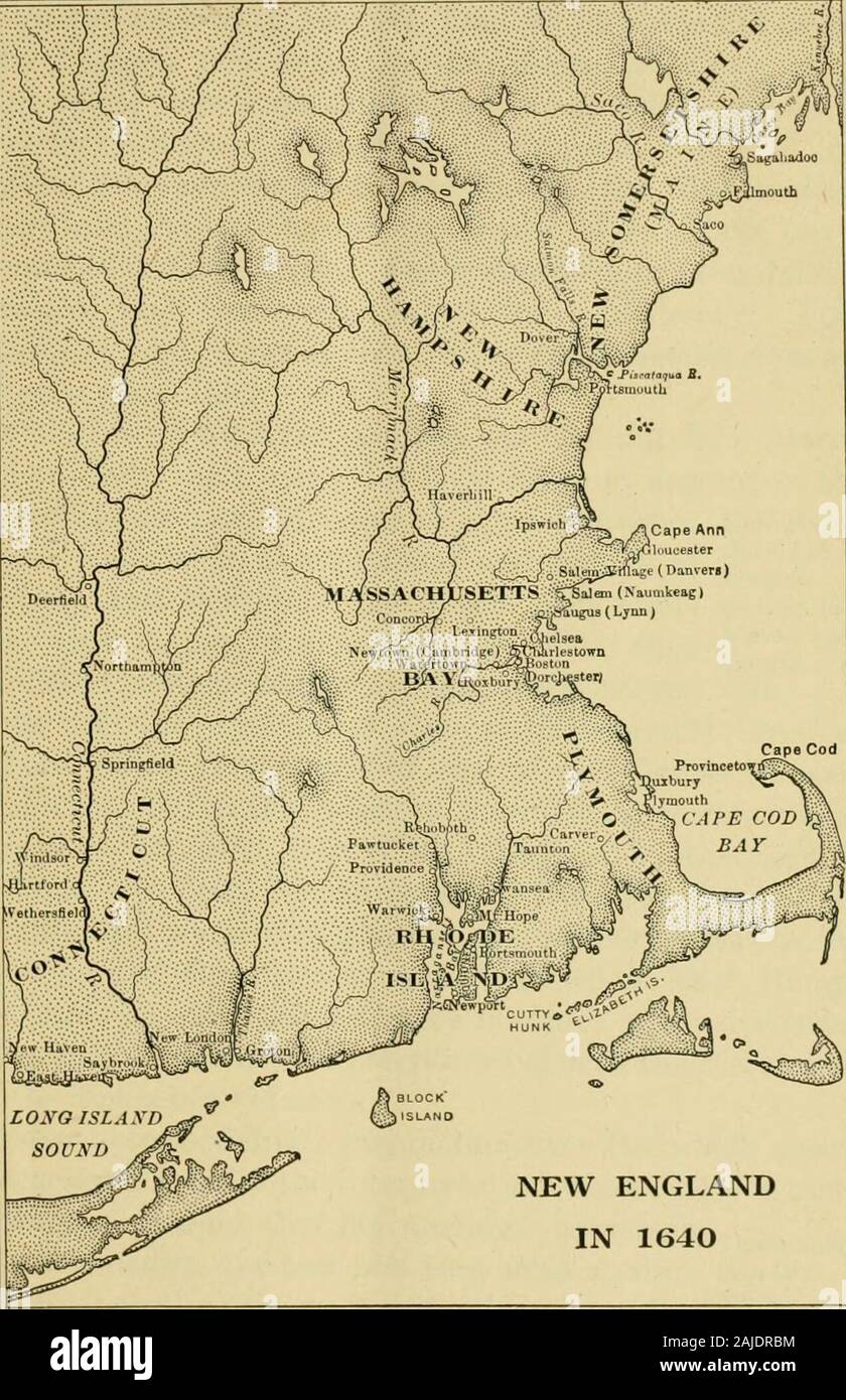 A history of the United States . o was One of his parishioners. They arrived at Boston in 1637, in the midst of the Hutchin-sonian controversy, and in spite of every inducement thatwas offered them to remain in Massachusetts proceeded toLong Island Sound and founded New Haven. They had nocharter of any kind, and their only right to the soil wasbased on purchases from the Indians. In 1639 the free planters met in a barn, and after Daven-port ?had preached from the text, Wisdom hath buildedher house; she hath hewn out her seven pillars, theyproceeded to adopt a set of resolutions binding them to Stock Photo