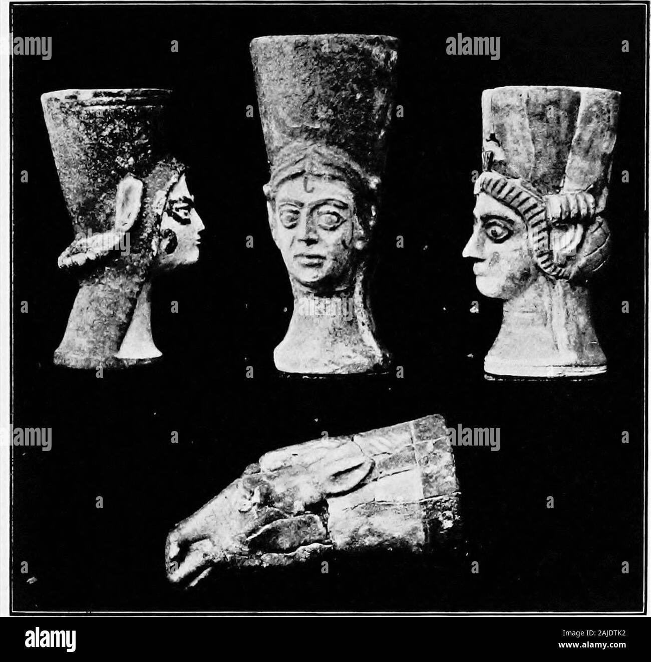 Ægean archæeology; an introduction to the archæeology of prehistoric Greece . Fig. 35.—Cyprus ; late Mycenaean Fig. 36.—Crete; Hird-cup krater from Enkomi. Brilish Palaikastro (L.M.III). IMuseum. Scale y^j-. two distinct periods, of which the earlier belongs to thebeginning, the later to the end, of the Mycenaean age.That the earlier objects are all heirlooms is hardlypossible. The tombs of Enkomi mark the easternmost extensionof the pure Minoan-Mycenaean culture. Recent ex-cavations in Palestine have brought to light thereremains of a sub-Mycenaean art, whose pottery isdebased L.M.III. Ordina Stock Photo