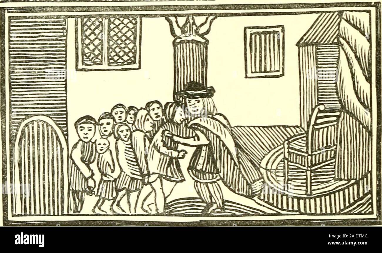 Chap-books of the eighteenth century . coming out, and sitting down to meet, He made his bretheren all sit down to eat: He sent to each a mess of what was best, But Benjamins was larger than the rest Then what he further did design to do. He calld his servant, and to him did shew ; 20 Chap-Books of the Eighteenth Century. Put in each sack as much corn as theyll hold,And in the mouth of each return his gold,And see that you take my silver cup,And in the sack of the youngest put it up.The steward filld the sack as he was bid,And in the mouth of each their money hid.Then on the morrow morning mer Stock Photo