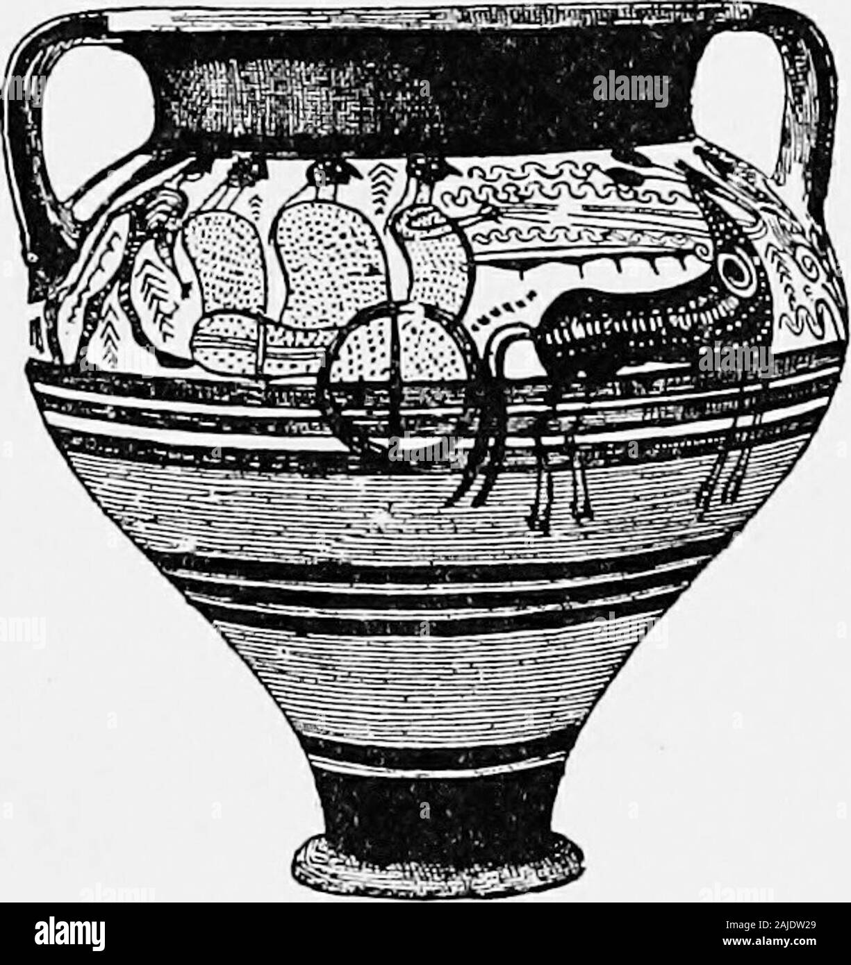 Ægean archæeology; an introduction to the archæeology of prehistoric Greece . Fig. 33. —Cyprus; Mycenaean (L.M.III) filler. Scale .. Fig. 34,—Cyprus; late Mycenaean kraterwith chariot design. From Enkomi.British li/itseuiii. Scale i. have noted above ; they are at first characteristic of themainland and island pottery. The Aegean pottery from Cyprus seems to belong totwo distinct periods, an earlier and a later. The finefaience rhytons from Enkimi, in the British Museum(PI. XXII), are of course early, of good Minoan period. That in the form of a horses head is especiallybeautiful. Though much Stock Photo