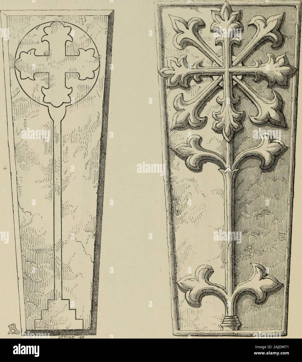 Christian monuments in England and Wales : an historical and descriptive sketch of the various classes of sepulchral monuments which have been in use in this country from about the era of the Norman conquest to the time of Edward the Fourth . XlVth Century. XlVth Century. Stone Coffin-lid, Brandon, Suffolk. Stone Coffin lid. Dorchester Abbey, Ottou. and Rhuddlan in Denbighshire.1 The coffin-lid at Laughten-en-le-Morthen requires no comments upon the graceful richness ofits sculptured decorations: it will be observed, that with thesketch of the coffin-lid is given a section of the stone coffin Stock Photo