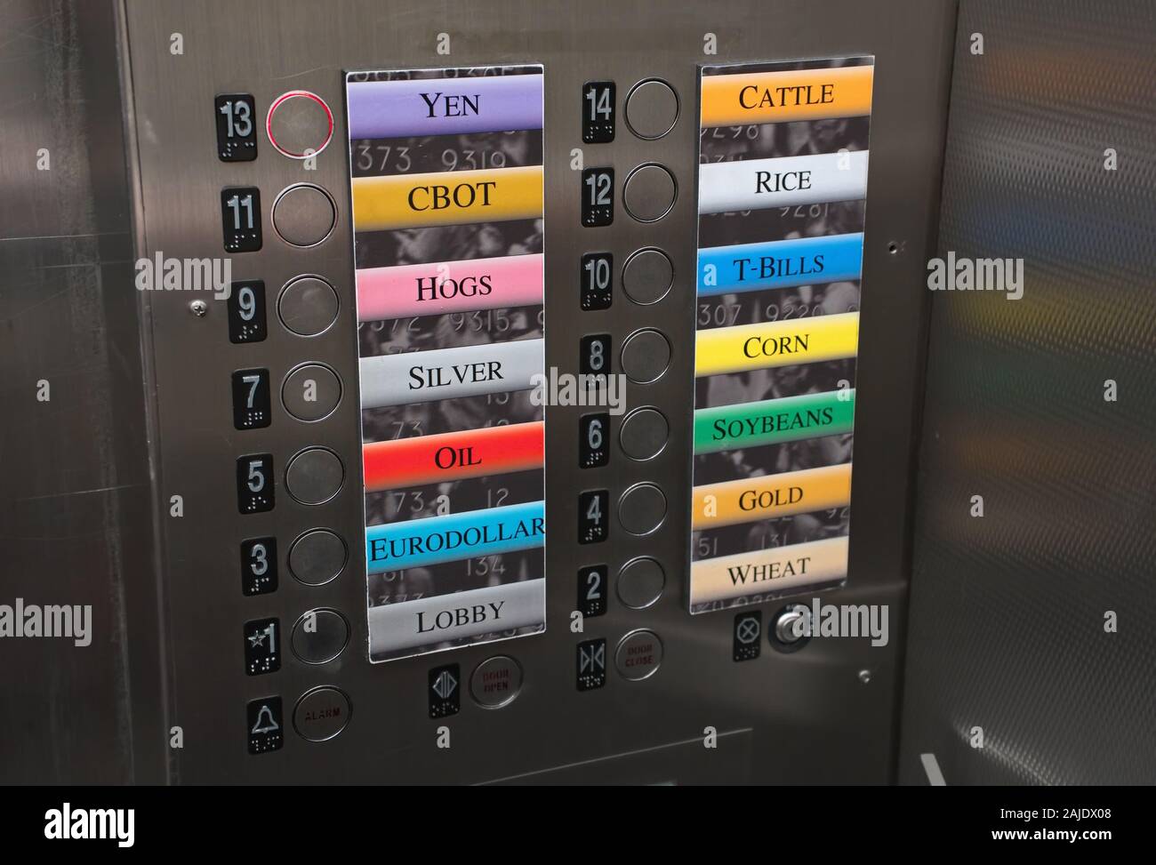 Chicago, IL USA. Aug 2018. An interesting elevator control panel with stock market commodities representing each building floor. Stock Photo