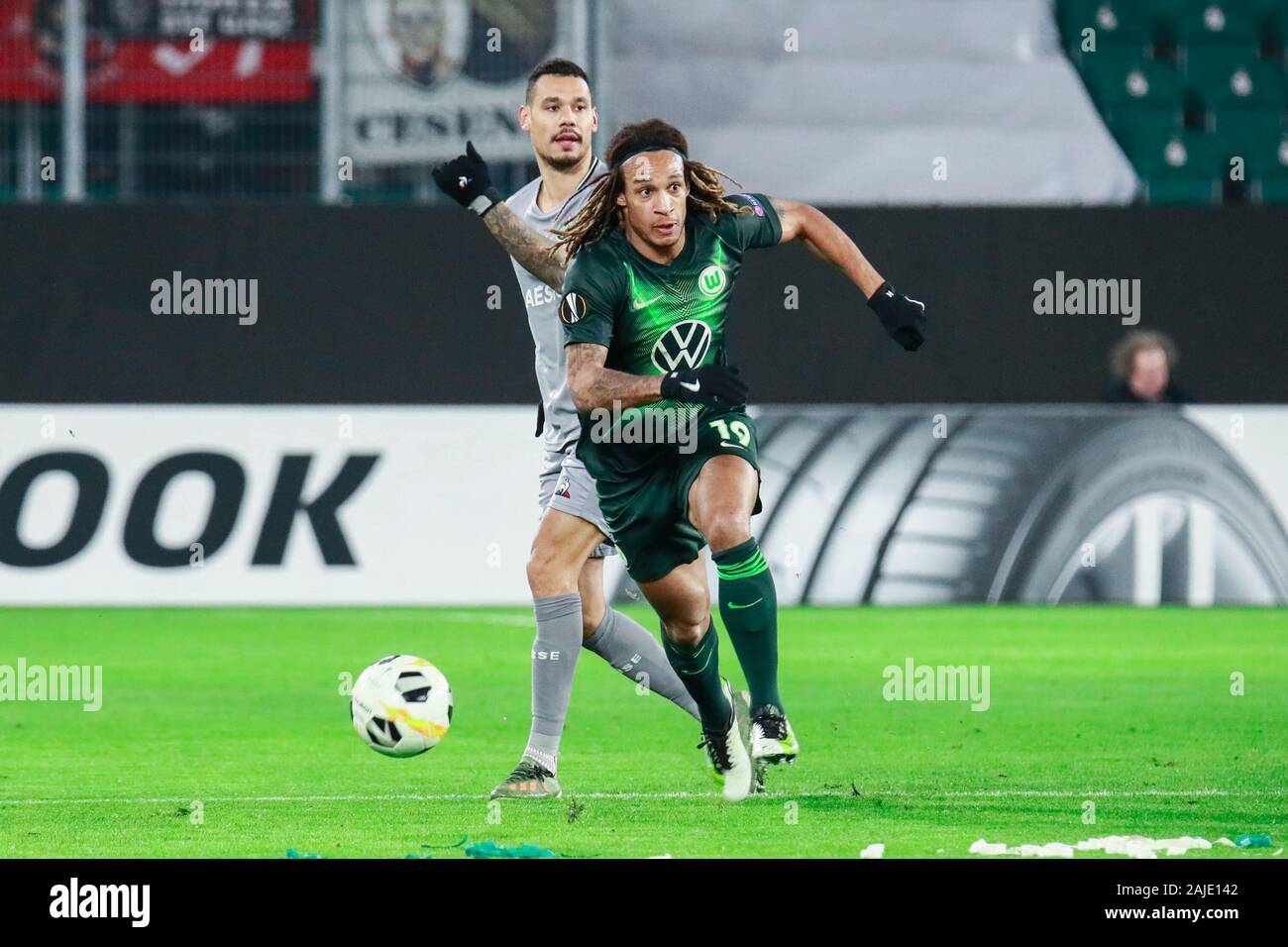 Wolfsburg, Germany, December 12, 2019: football player Kevin Mbabu of VfL Wolfsburg in action during the UEFA Europa League match Stock Photo