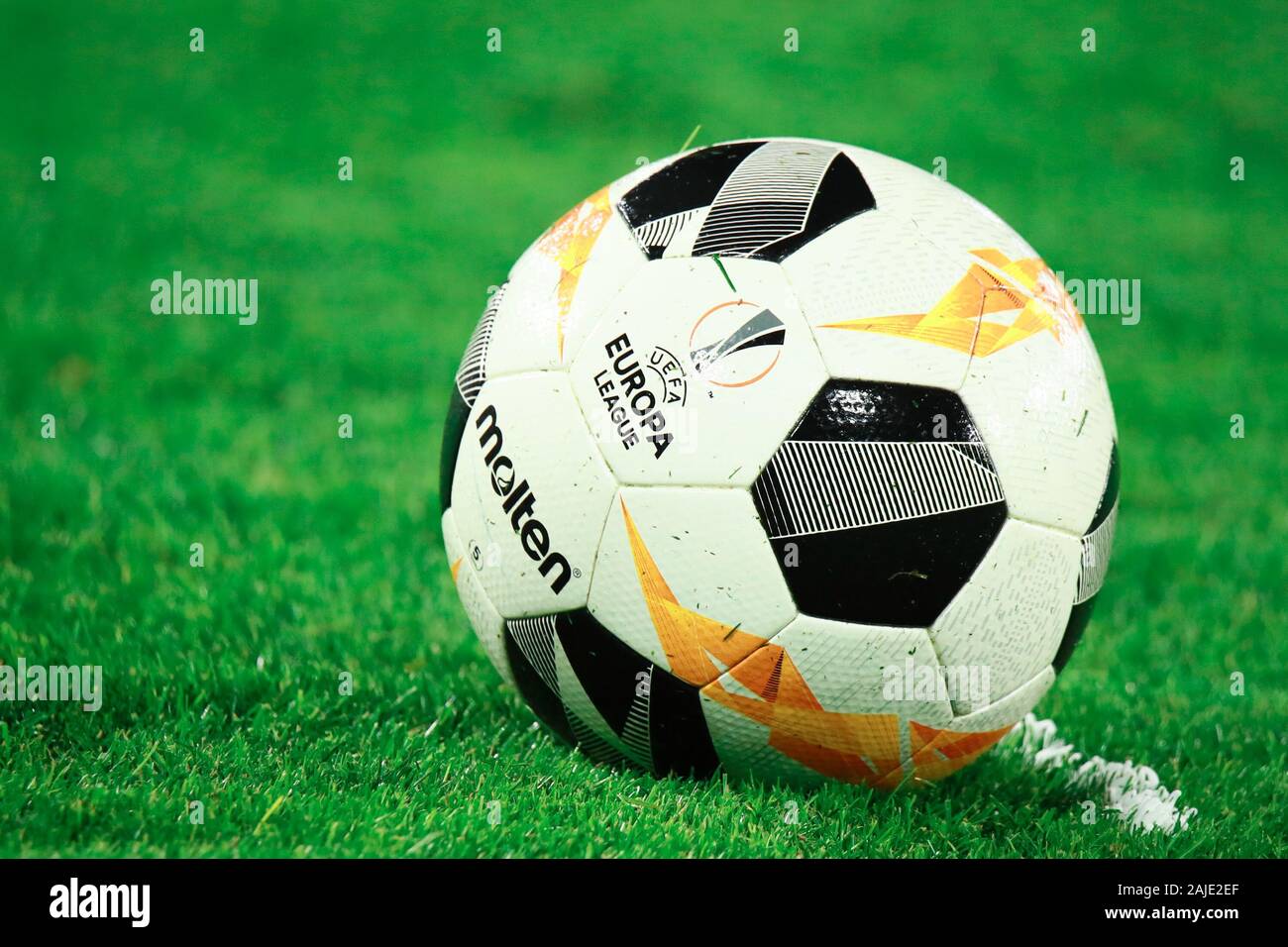 Wolfsburg, Germany, December 12, 2019: official game ball of UEFA Europa League on ground before a free kick during the match Stock Photo