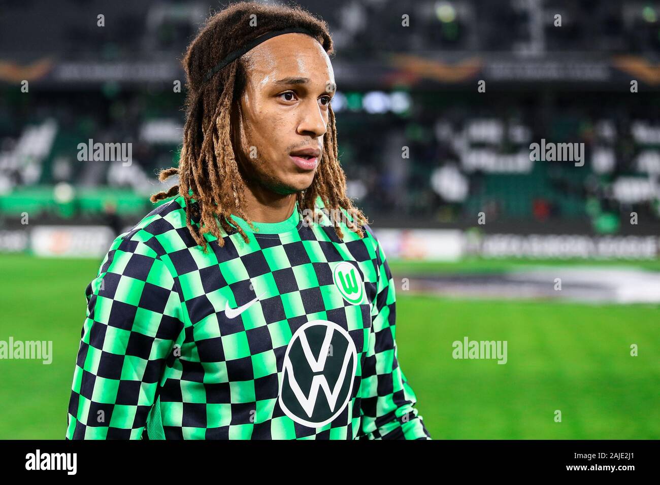Wolfsburg, Germany, December 12, 2019: football player Kevin Mbabu of VfL Wolfsburg a few minutes before the UEFA Europa League match Stock Photo