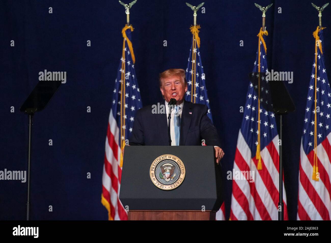 Miami, United States. 04th Jan, 2020. President Trump addresses the congregation at the El Rey Jesus church.President Donald Trump holds an Evangelicals for Trump' rally at the El Rey Jesus megachurch in south Miami to show up support among his evangelical base in the key swing state of Florida. Credit: SOPA Images Limited/Alamy Live News Stock Photo