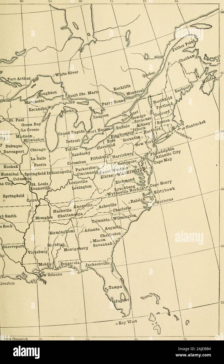 Field, laboratory, and library manual in physical geography . Outline MapCities and towns shown represent stat. from GreeuwiL-h DO ed States be United States Weather Bureau **5? J&gt;&lt;*s ^ Pnnc *iefoj sic*. V*e*e ?e#atv ^ a«&lt;?/•6a *«°? Wjjliston &lt;% rJeaa City) / -X e«m, ea«eiio EismarckV vVierre i . °Rapid CityN f3jj. *o0   °biann  I joSto1ena. i-— 5aJt IsEfcT wlePeoneJ / /^ ^Durank I ^Denve .Pueblo W |° iOi ?•fum, ^oSaAtaFe oenix I Oklaho o Amarillo %?t  Taylor o V »-  San Antonio Corhus Chriati Mr —- Scale of Miles 100 50 0 , 100 200 300 400  500 100 Longitude We3 Outline Stock Photo