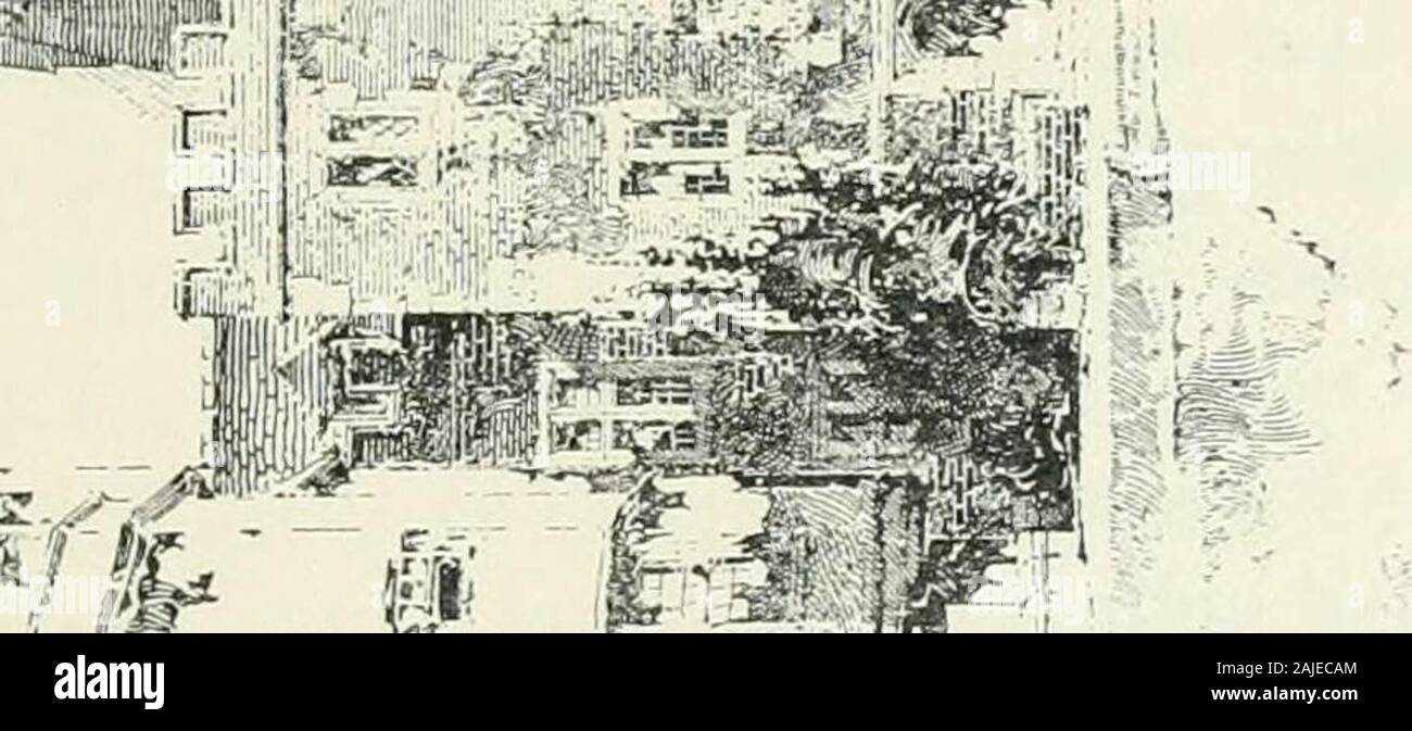 Cambridge and its story With lithographs and other illus by Herbert Railton, the lithographs being tinted by Fanny Railton . Hall and Queens College side by side. And certainly it is sur-prising to notice how striking is the similarity of the two plans.The east and west position of the chapel at Haddon Hallhappens to be the reverse of that of Queens College, but withthat exception, and the position of the entrance gateway to thefirst quadrangle, the arrangement of the buildings in the twomansions is practically identical. The hall, buttery, andkitchen occupy in both the range of buildings betw Stock Photo