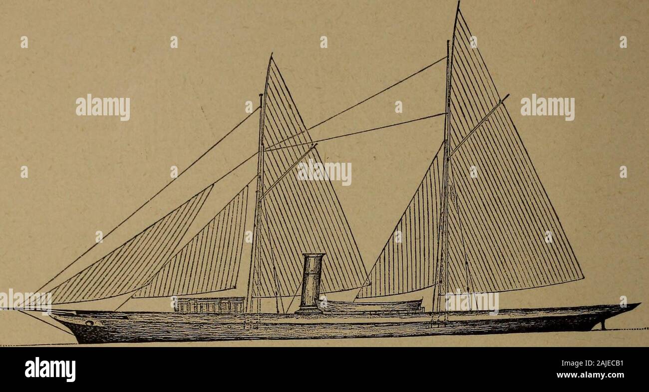 Yachts and yachting : with over one hundred and ten illustrations . boiler for 120 pounds working pressure. falcon, 1880 (iron hull). Dimensions: Length between perpendic-ulars, 100 feet; length over all, on deck,107 feet; breadth of beam, 15 feet 6 inches;depth from base line, 7 feet 6 inches. Machinery: One vertical, direct-acting,condensing engine, cylinder 16 inches by16 stroke. Propeller, 5 feet 7^ inchesin diameter. Boiler: One high-pressure boiler, withtwo furnaces, flues below and return throughtubes; arranged for a working pressure of100 pounds per square inch. Joinery: Joiners work o Stock Photo
