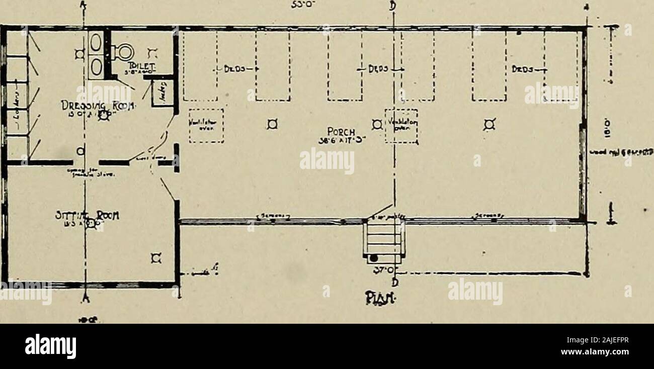 Industrial medicine and surgery . Fig. 63.—Plan of sleeping shack for six patients. 454 INDUSTRIAL MEDICINE AND SURGERY forty-nine people who had worked here for five years or longer, andonly 13.8 per cent, of the tuberculous were among this number.This result was obtained by constant health supervision, by eliminatingthe tuberculous applicant and by improved working conditions.Fig. 52 illustrates very graphically this decrease in tuberculosisamong the older employees and also shows the great advantage tothe concern of examining applicants for work. There were onlyeight hundred thorough examin Stock Photo