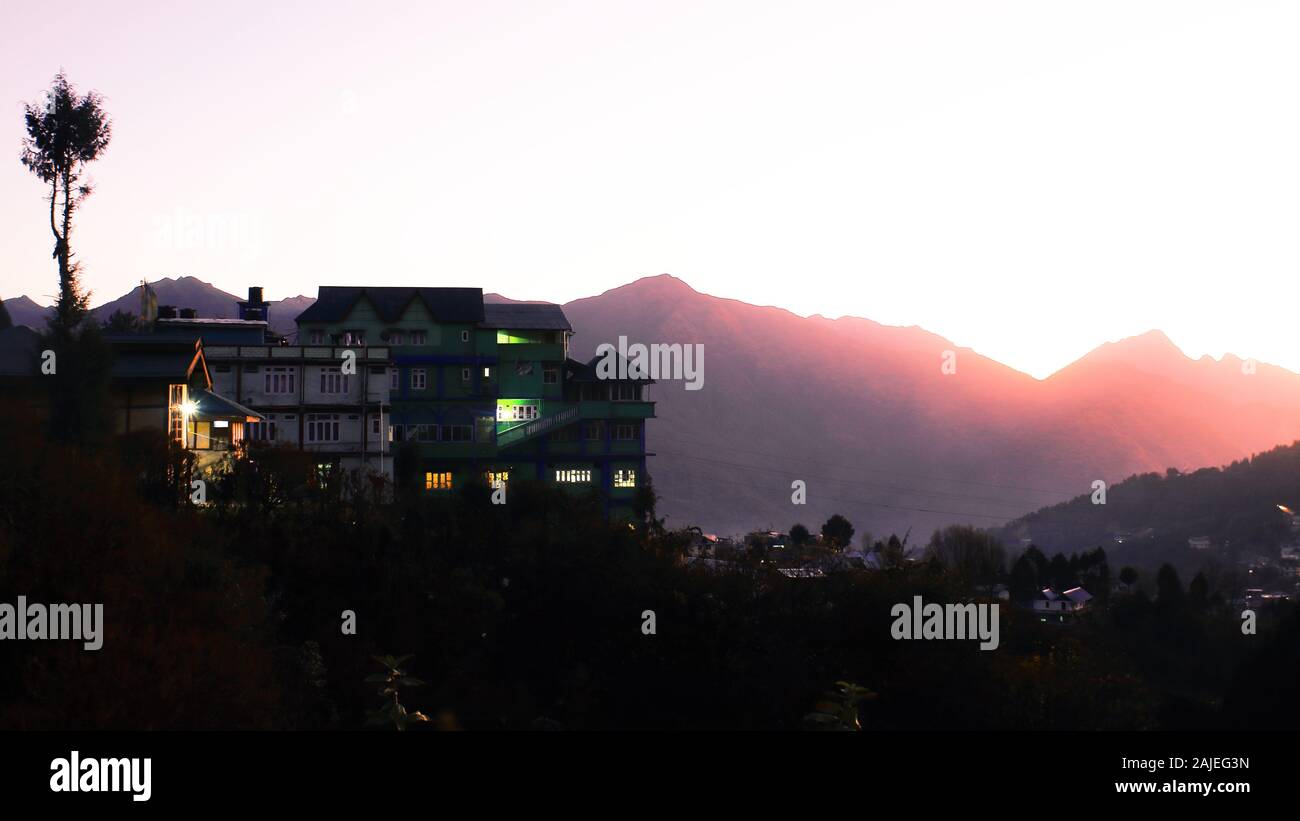 beautiful landscape and an evening at tawang town in arunachal pradesh, india Stock Photo