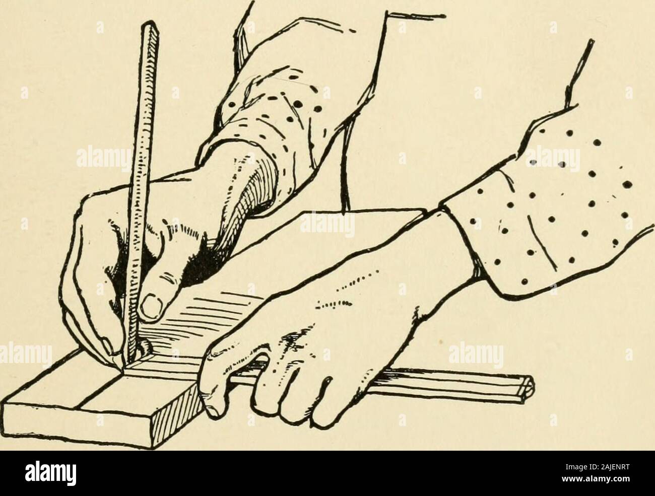 The boy craftsman; practical ad profitable ideas for a boy's leisure hours . THE PROPER HANDLING OF TOOLS 43 Oftentimes it becomes necessary to draw a line paral-lel to the tried edge. This may be done roughly withthe rule and pencil, as shown in Fig. 40. Grasp the rulein the left hand, with the first finger touching the triededge of the board, and hold the pencil point against theend of the rule with the right hand. Keeping this posi-. FiG. 40. — Gauging with Rule and Pencil. tion, with a steady hold on the rule and pencil, moveyour hands along the board. The result will be a lineparallel to Stock Photo