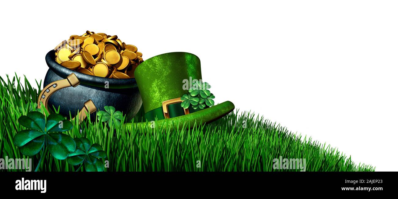 Saint Patrick day design element as a green holiday symbol with empty copy space or text area with clover leaves a pot of gold horseshoe on grass. Stock Photo