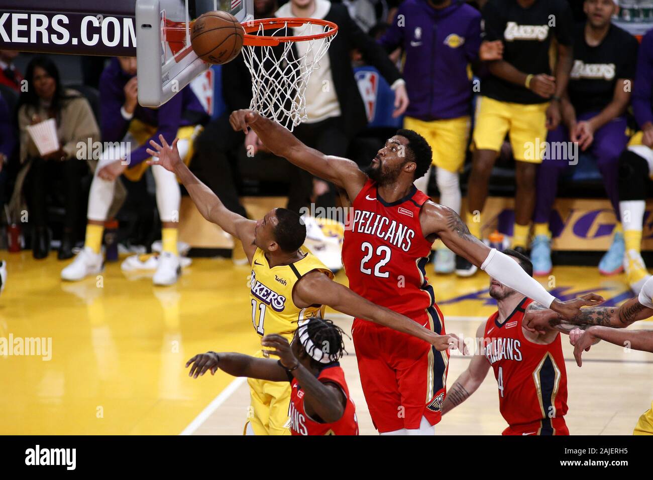 Los Angeles, California, USA. 3rd Jan, 2020. New Orleans Pelicans' Derrick Favors (22) blocks a shot by Los Angeles Lakers' Avery Bradley (11) during an NBA basketball game between Los Angeles Lakers and New Orleans Pelicans, Friday, Jan. 3, 2020, in Los Angeles. Credit: Ringo Chiu/ZUMA Wire/Alamy Live News Stock Photo