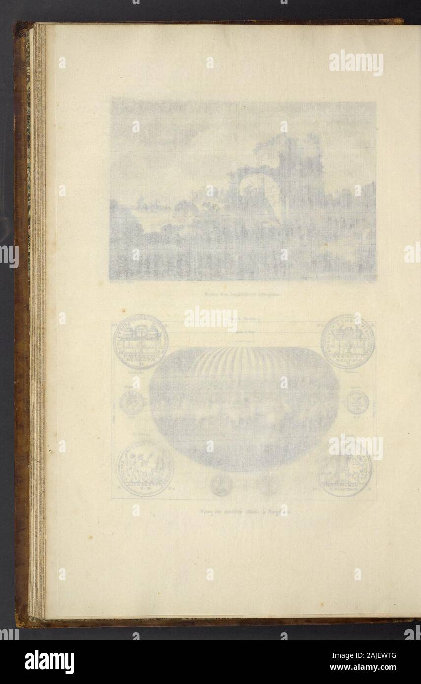 Voyage pittoresque de la Grèce . DE LA GRÈCE. 35 détruits ; lentablement sétoit détaché ; et la voûte, fendue par un trem-blement de terre , sembloit , peut-être depuis plusieurs siècles , prête àsécrouler à chaque instant. Les soins que je donnois à mes compagnons de voyage , tous dange-reusement malades, ne me permirent point de dessiner cette ruine impo-sante , dont le souvenir ma toujours laissé des regrets. PLANCHES II ET III. Ruines dun Gymnase. Restes de lAmphithéâtre de Pergame. Ces deux dessins sont les seuls que jaie pu faire à Pergame, où unartiste trouveroit encore bien des aspec Stock Photo