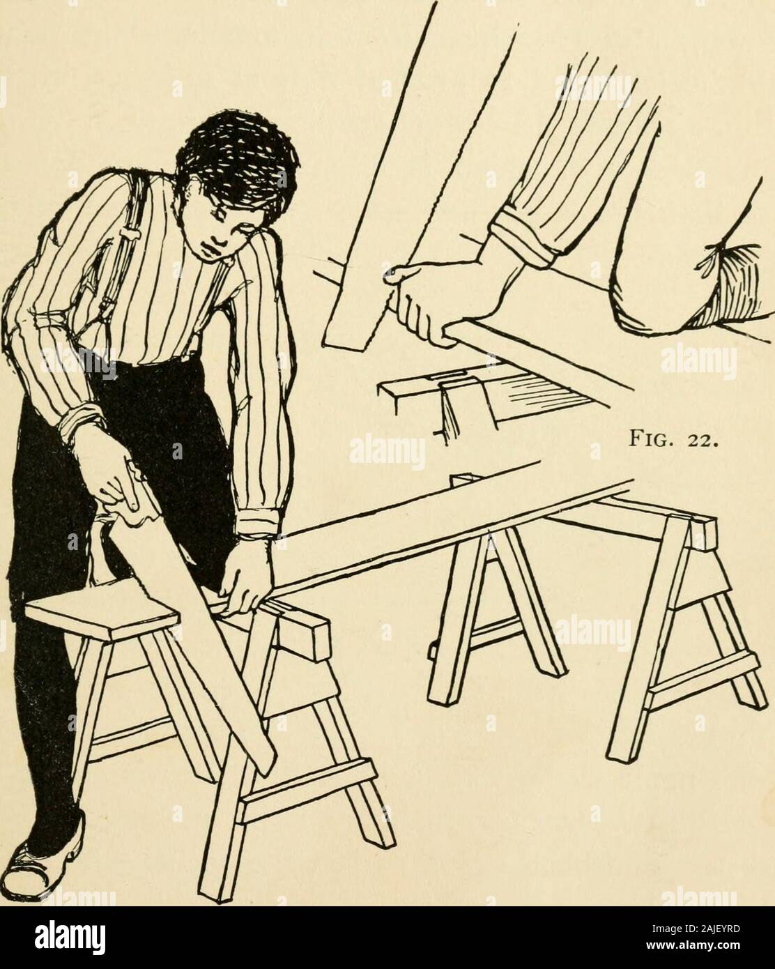 The boy craftsman; practical ad profitable ideas for a boy's leisure hours . ?znsL U/Iling ??.iiiiima- MSjp Edge-of-3aw.Fig. 20. — Teeth of Rip Saw. THE PROPER HANDLING OF TOOLS 23 a few short strokes until the saw has started to cut.Then use a long, steady stroke, putting all of the. Fig. 21. —Position for Sawing. pressure upon the down stroke. Be careful to keepthe saw to the line and in a perpendicular position,so that the cut will be square on all sides. If it starts 24 PROFITABLE PASTIMES to run away from the line, a slight twist of the bladewill return it. When a board has been sawn near Stock Photo