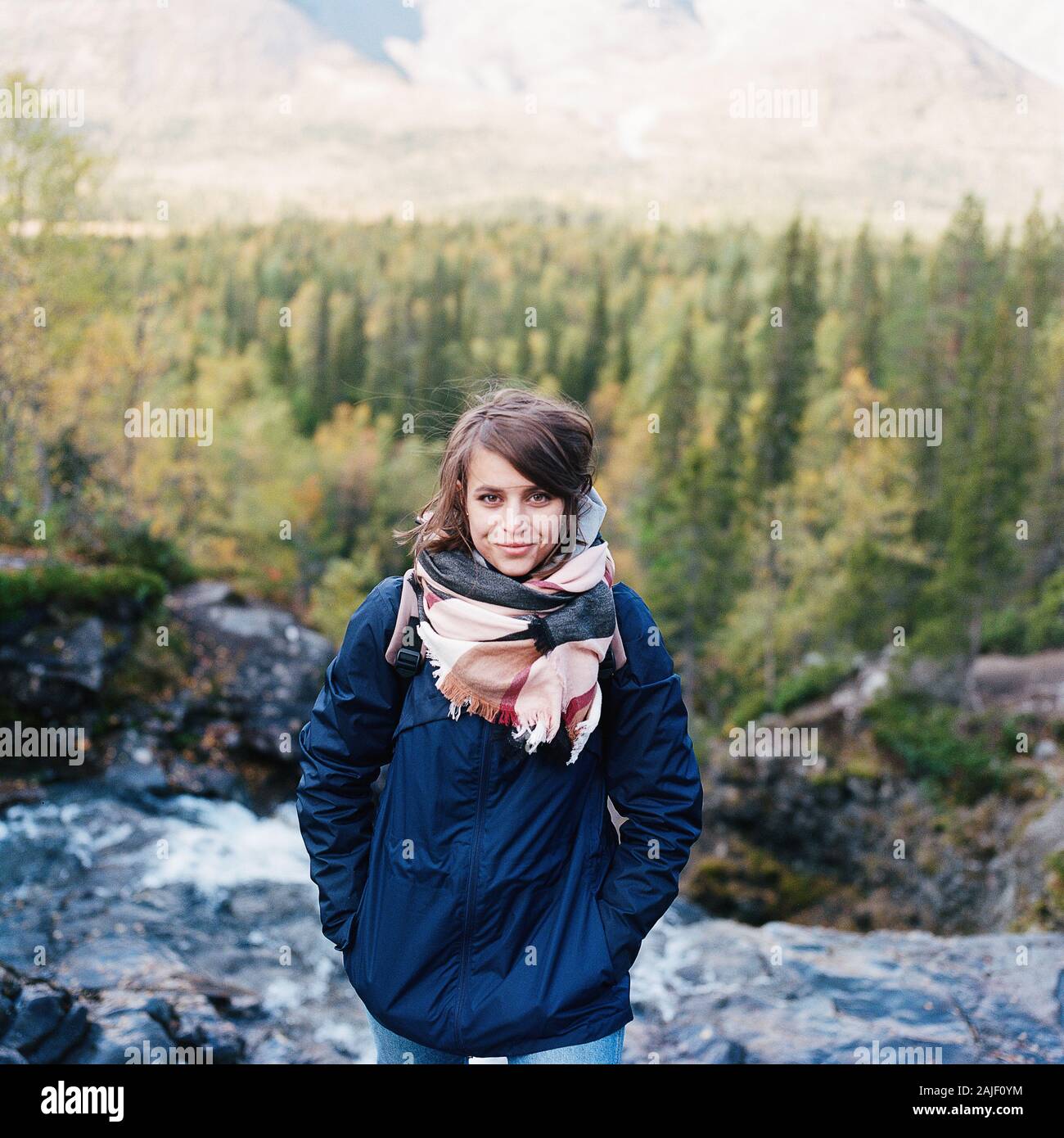 Hiker woman enjoying waterfall hi-res stock photography and images - Alamy