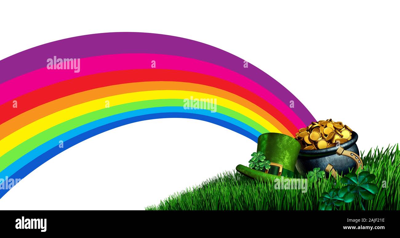 Pot of gold rainbow as a lucky Saint Patrick day holiday symbol with clover leaves and luck of the Irish horseshoe on grass. Stock Photo