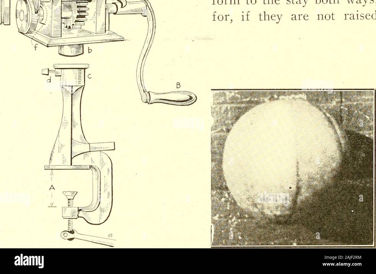 Home instruction for sheet metal workers . Fig. 541. Small Turning Machine and Standard. Fig. 542. Ball Made With Gores. deep enough the sides will look like a a and the ball will have theappearance shown in Fig. 537. If they are raised too deep thegores will look as in b b and the ball will have the appearanceindicated in Fig. 538. The eight gores are shown in Fig. 539,the first three being joined and the other five ready for joining.When joining the gores, a small edge should be turned on oneside of each piece, so that they can be joined as in a a, etc., Fig.540. This edge is turned on what Stock Photo