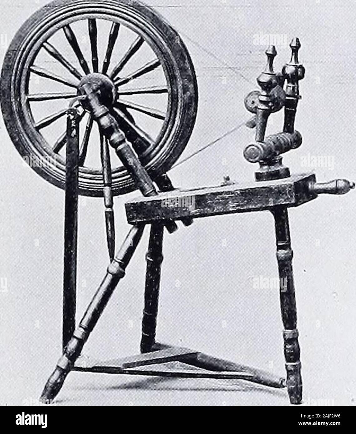 Lacis, practical instructions in filet brodé or darning on net; . Illustration 36.Shetland Wheel. tion 37.—Scottish SpinningWheel. accumulated during the process of spinning, and was consideredan additional feature of usefulness in a well set-up wheel. In Illustration 38 we have a typical auld wifie sitting ather wheel spinning. By her side is to be seen the reel onwhich the wool was wound after it had been spun.* Illustration 39 represents two Scottish lasses spinning andcarding ; the riffans are lying between them on the ground. * I am very greatly indebted to a friend for having taken the p Stock Photo