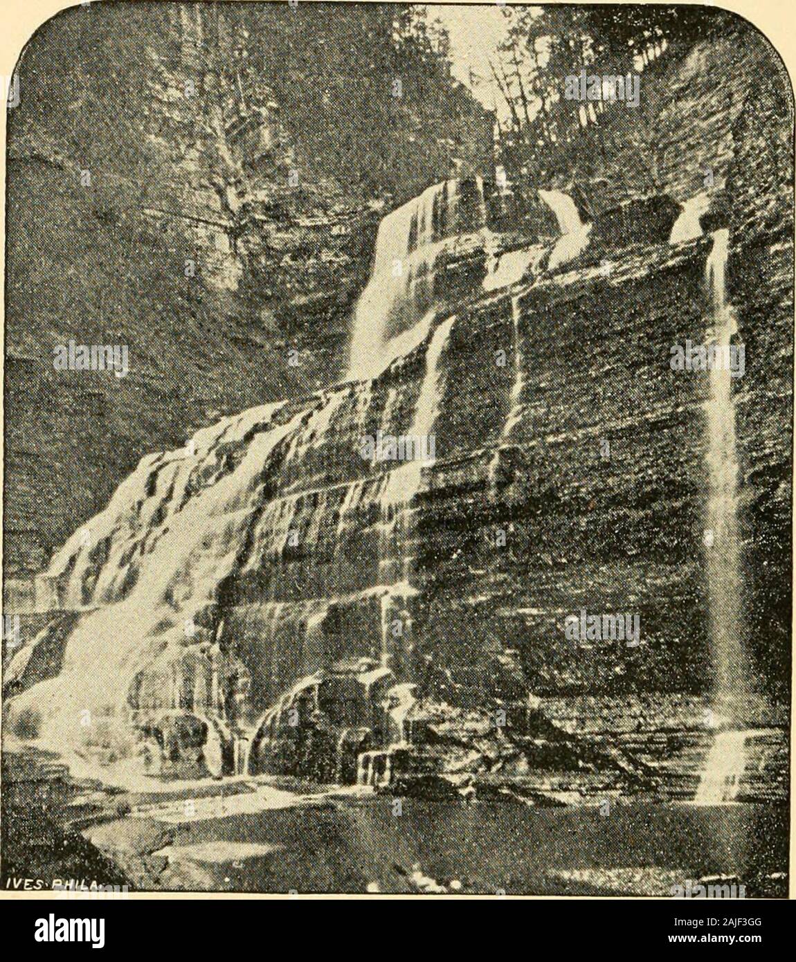 In and out of Ithaca : a description of the village, the surrounding scenery and Cornell University . ng downa short inclined and moss-lined channel, takes a head-long leap clear of the brink, and is dashed in sprayon the conical rock a hundred and forty feet be-low. The gray and lofty walls ; the massy columns atthe door ; the overhanging roof a hundred and sixtyfeet above ; the azure canopy; the eastward altar, hungwith its adornments of velvet moss ; the richly blendingcolors ; the profound peace, broken only by the sweet,solemn chant of the mist-robed choir, mingled with thedeep-toned acco Stock Photo