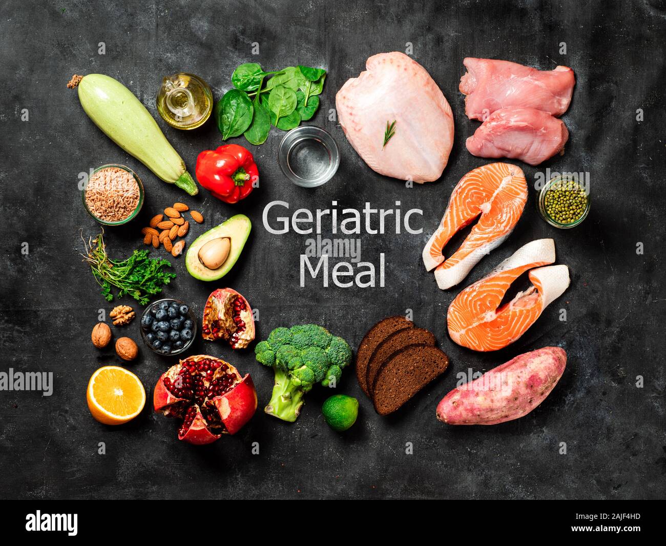 Geriatric Meal Plan or menu concept. Different food ingredients for Anti-age meal plan on dark background. Top view or flat lay. Stock Photo