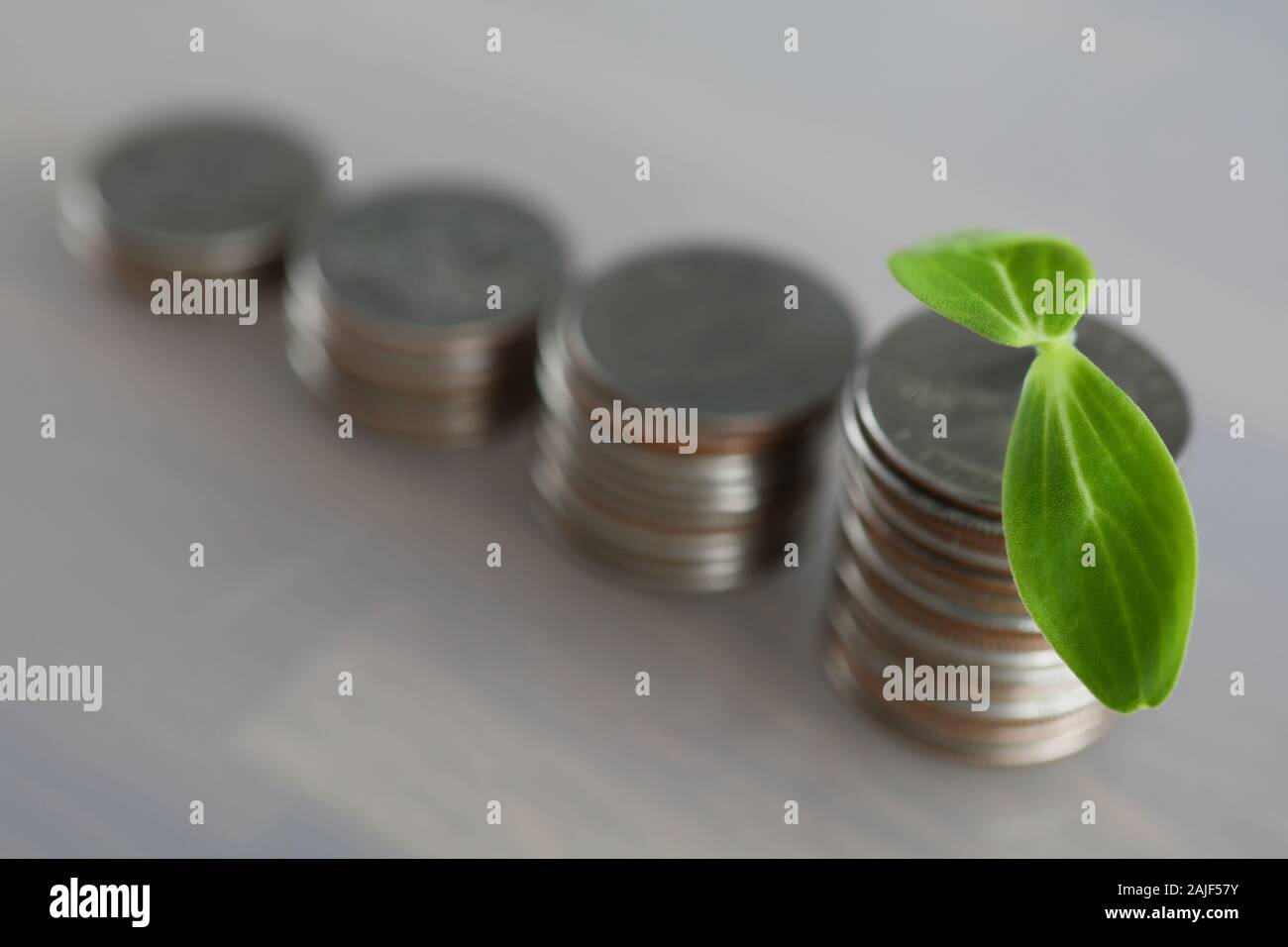 Chart tower with silver metall coin against gray background Stock Photo
