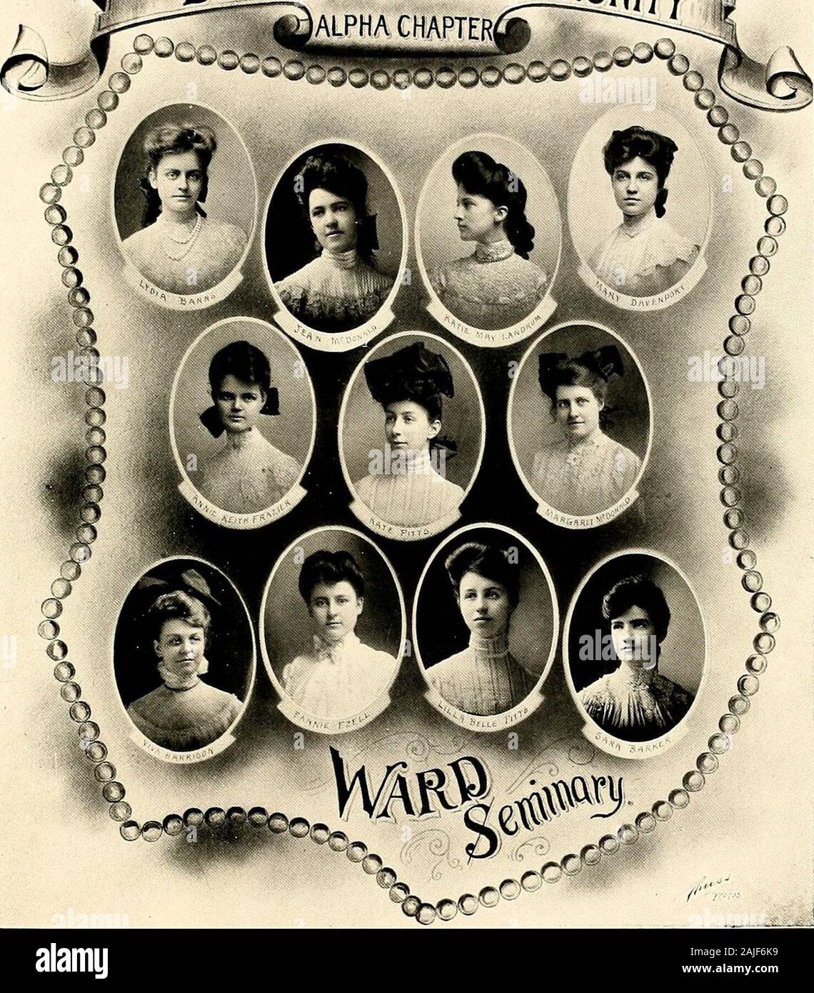 Iris 1904 . the sacred story tru«/Vying neath the mystic sp«llThats enshrined in symbols two?Ab, thou must not question me. Spirits clad in deadly whiteI nstilled my quaking soul with fright,I ave their chilly hand to me,iWade me swear all secrecy;Ah, thou must not question me. Alpha Chapter of Delta Si^ma Sorority (FouNDED IN 1894, Nashville, Tenn.) Colors — Light Blue and Purple Flower —Violet Yell—Delta Sigma, Delta Sigma!Mazette, Mazette !Dixie, Dixie, Dixie, Dixie !Dum Vivimus, Vivamus! Officers MARGARET McDONALD Grand High Mogul ANNIE KEITH FRAZIER - . . . Vice Regent MARY DAVENPORT Char Stock Photo